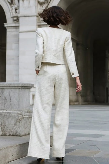 2 Piece Ivory Tweed Single Breasted Women Suits With Pockets